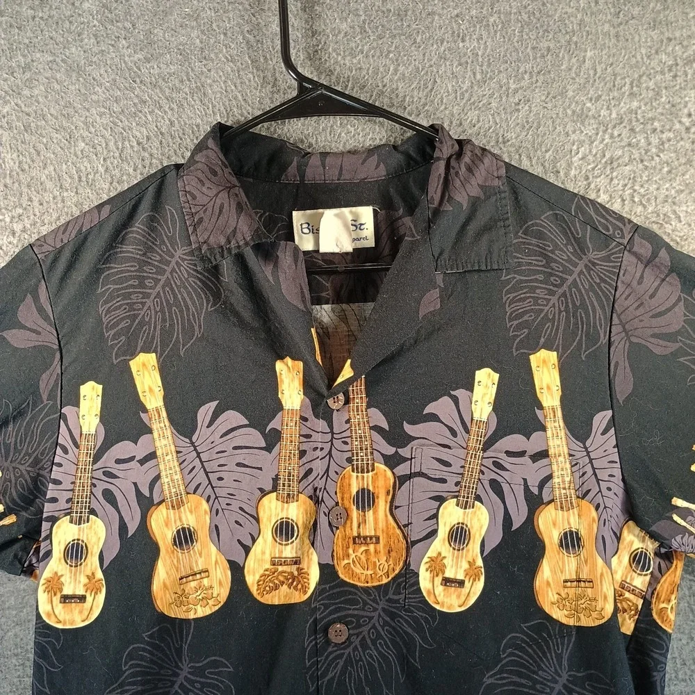 Vintage Bishop St Apparel Hawaiian Shirt Mens S Aloha Ukulele Black Made in USA